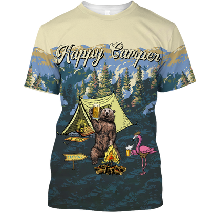 America - Happy Camper Bear & Flamingo Style Hawaii Shirt Hawaiian Shirt