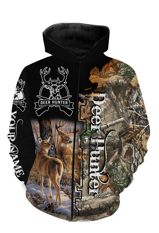 Personalized beautiful deer hunting camo 3d all over printed shirts - TATS4 Zip up hoodie