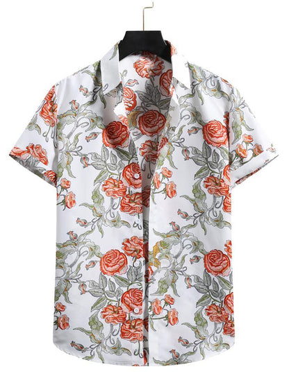 Casual Rose Printed Mens Short Sleeve Shirt Hawaiian