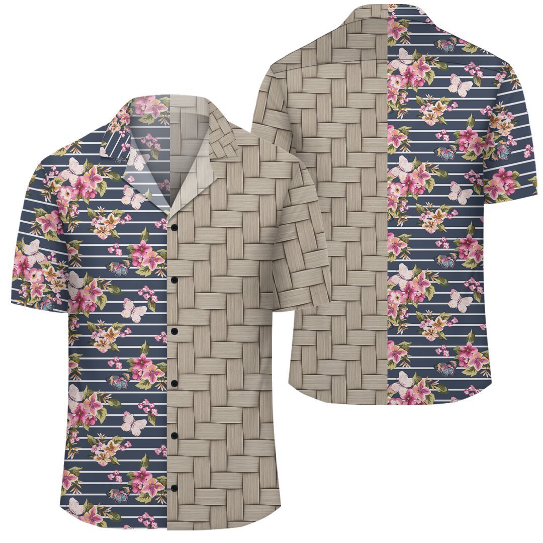 Tropical Butterfly Pink Lauhala Moiety Hawaiian Shirt