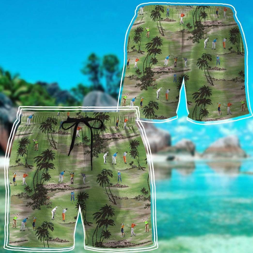 Vintage Golf Players Tropical Hawaiian Shirts Swim Trunks Beach Shorts #VI