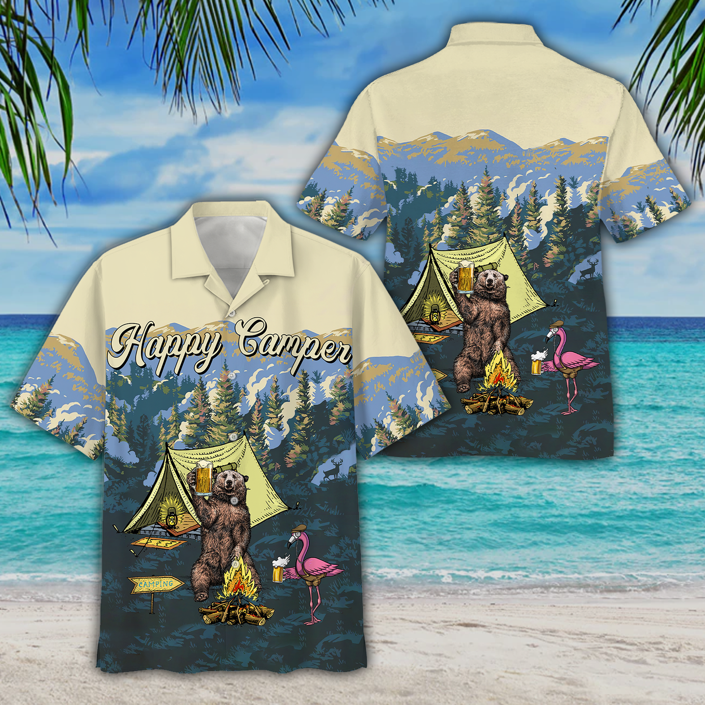 America - Happy Camper Bear & Flamingo Style Hawaii Shirt Hawaiian Shirt