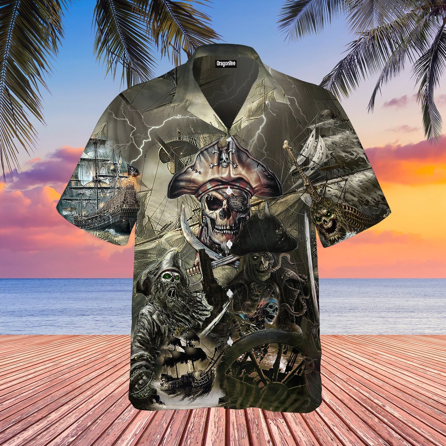 OragonTee Caribbean Skull Pirate Ghost Ship Halloween Hawaiian Shirt | For Men & Women | Adult | WT1118