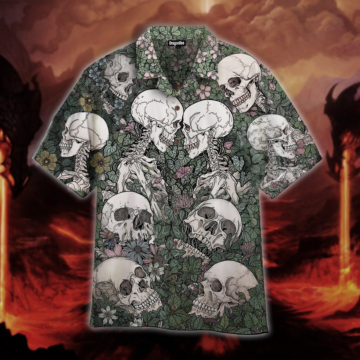 OragonTee Flowers Flora Skeleton Skull Halloween Hawaiian Shirt | For Men & Women | Adult | WT1128