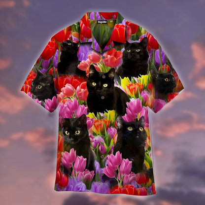 OragonTee Black Cats Are Chilling In Tulip Garden Hawaiian Shirt | For Men & Women | Adult | WT1151