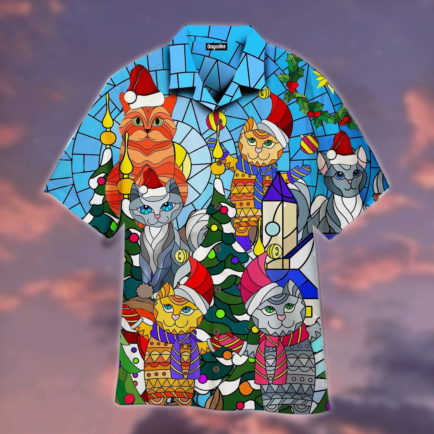 OragonTee Cat Family Merry Christmas Stained Glass Hawaiian Shirt | For Men & Women | Adult | WT1161