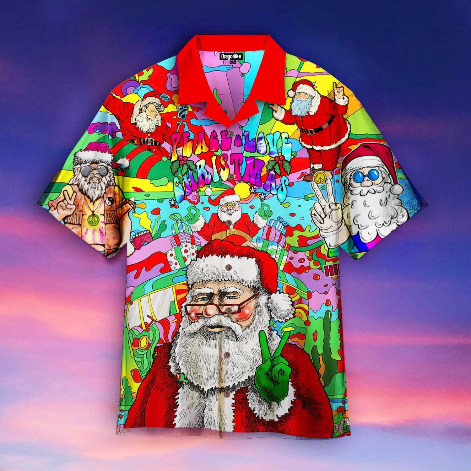 OragonTee Hippie Santa Peace Love Christmas Hawaiian Shirt | For Men & Women | Adult | WT1203