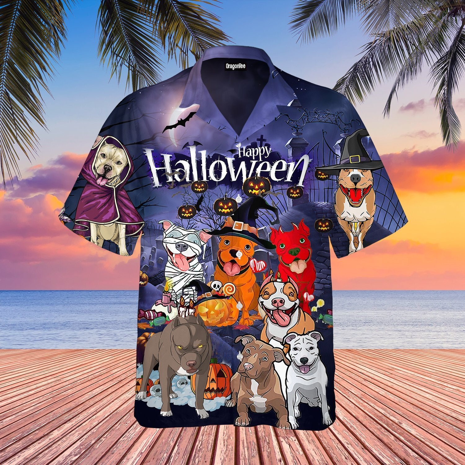 OragonTee Funny Pitbull Dog Halloween Hawaiian Shirt | For Men & Women | Adult | WT1244