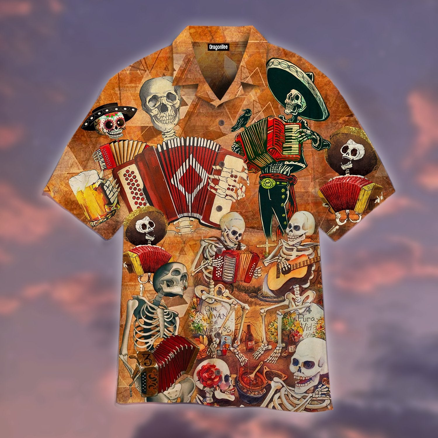 OragonTee Skull Skeleton Accordion Music Halloween Hawaiian Shirt | For Men & Women | Adult | WT1247