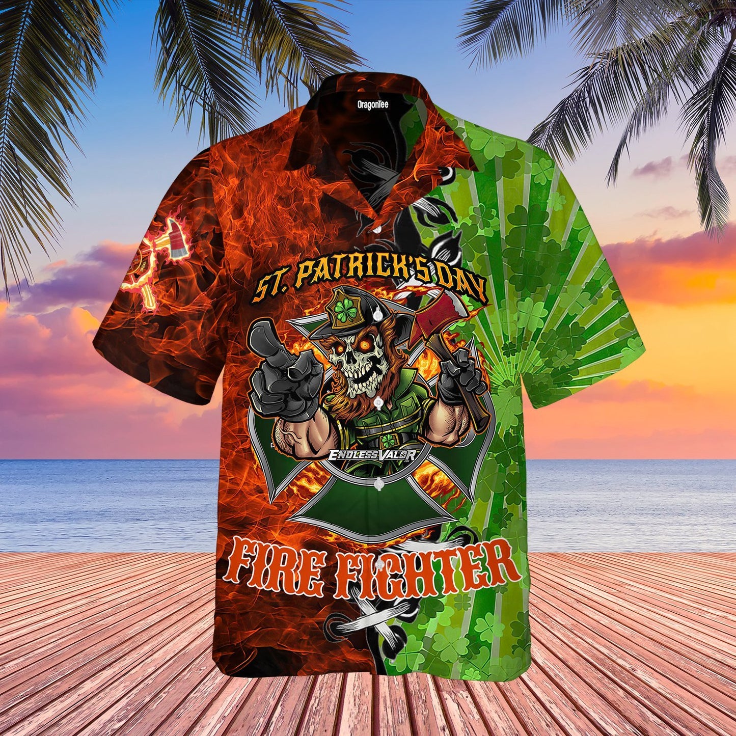 OragonTee Skull Firefighter St Patrick's Day Hawaiian Shirt | For Men & Women | Adult | WT1267