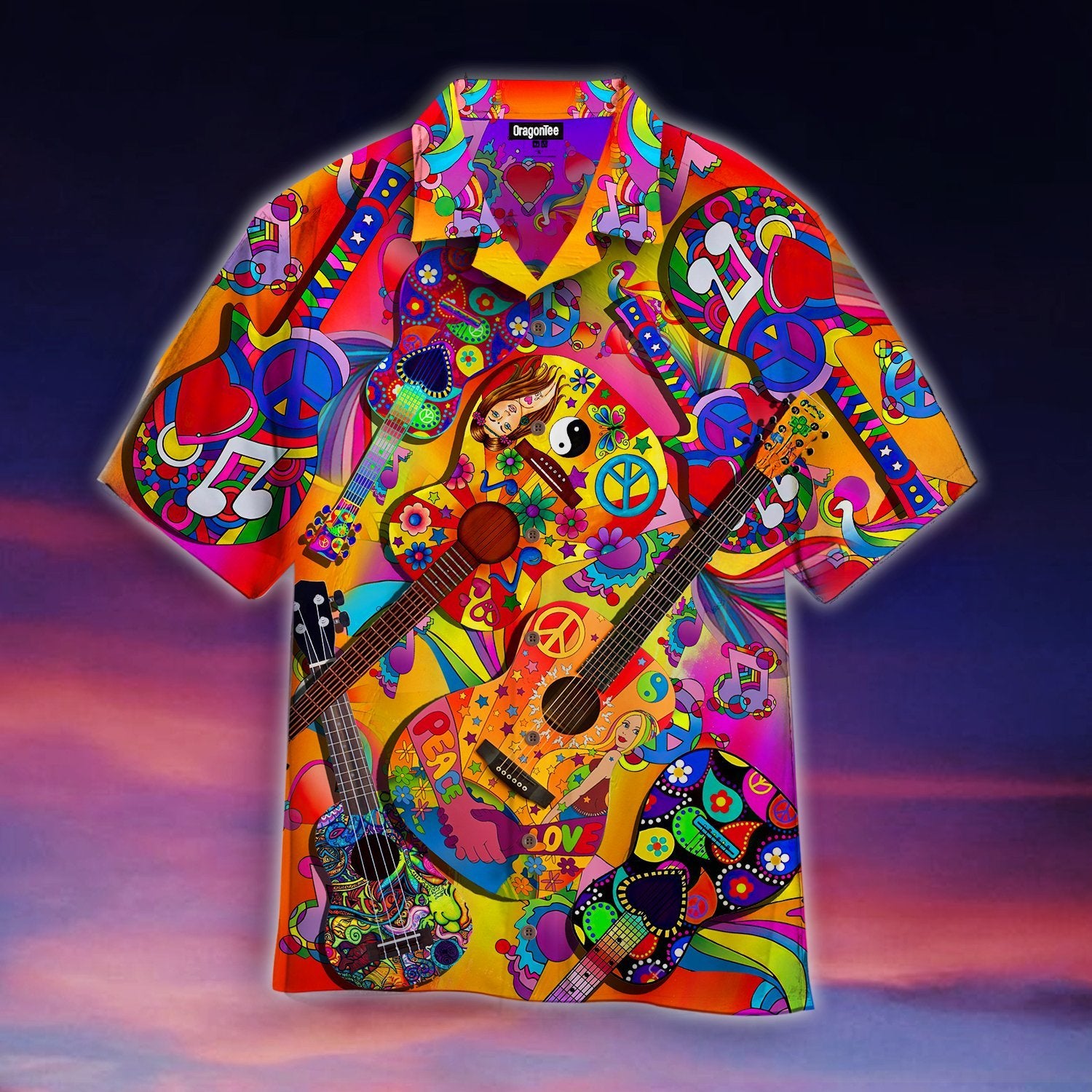 OragonTee Colorful Guitar Hippie Love Music Hawaiian Shirt | For Men & Women| Adult | WT1504