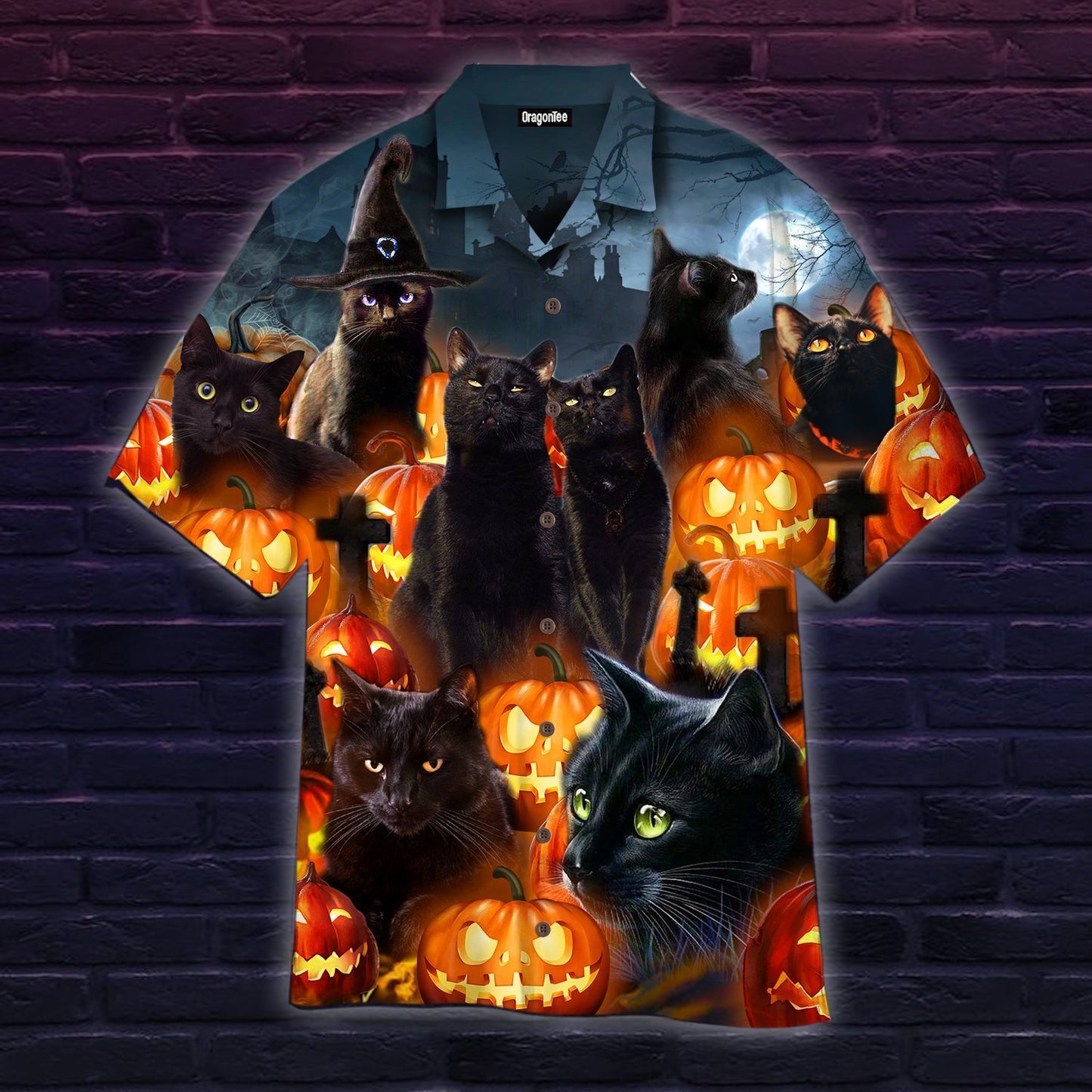 OragonTee Black Cat And Scary Halloween Pumpkin Hawaiian Shirt | For Men & Women | Adult | WT1521