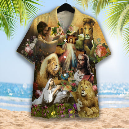 OragonTee Jesus Lion Goat Beautiful Flowers Hawaiian Shirt | For Men & Women | Adult | WT1502