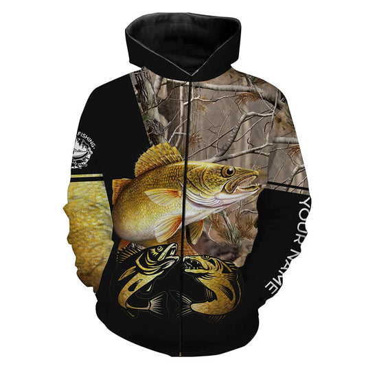 Customize name walleye fishing shirt full printing Long sleeve Zip up hoodie