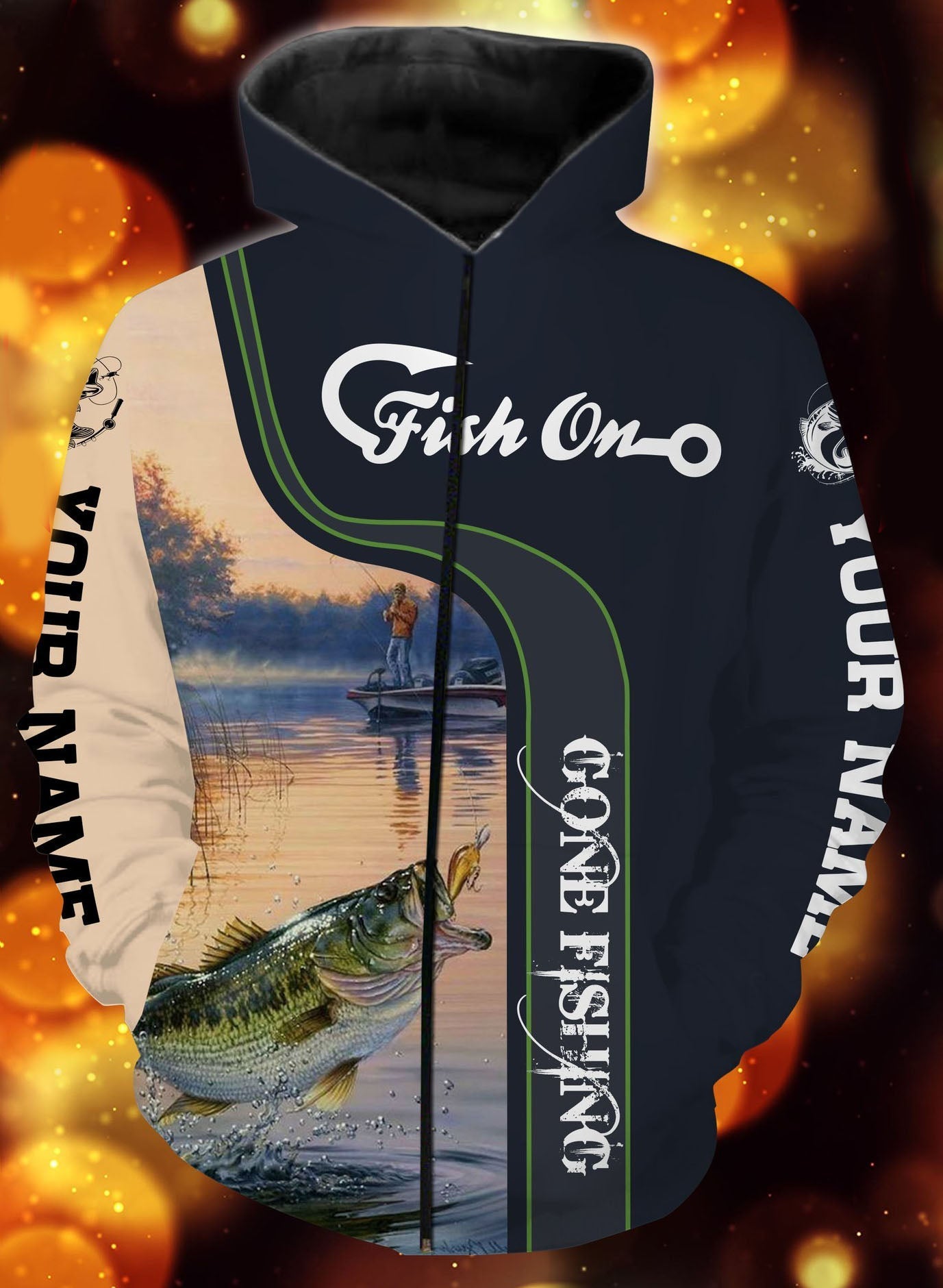 Personalized fish on gone fishing full printing shirt and hoodie - TATS8 Zip up hoodie