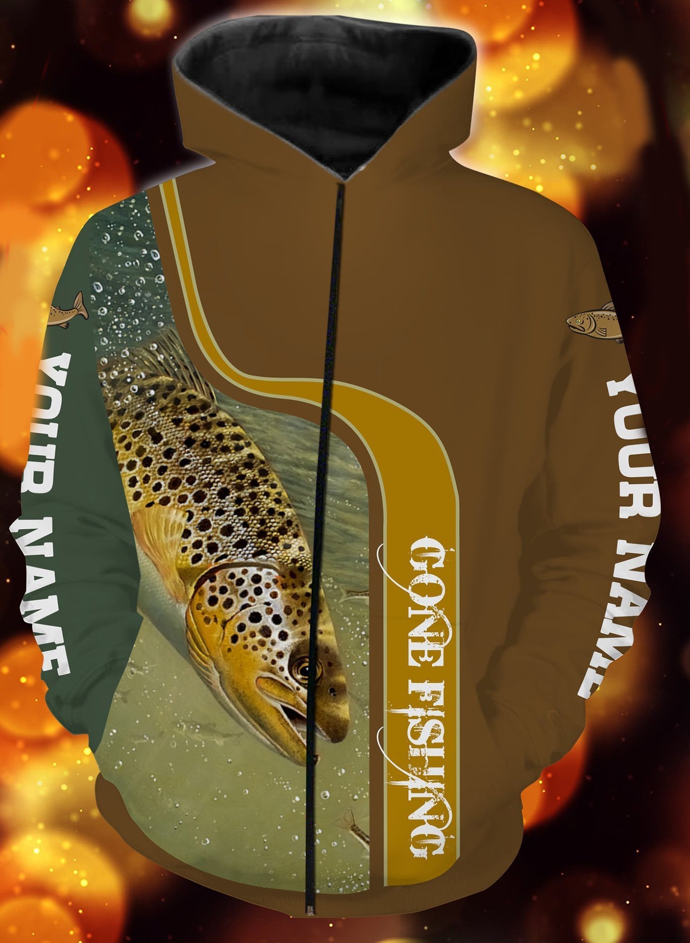 Personalized name brown trout gone fishing full printing shirt and hoodie - TATS46 Zip up hoodie