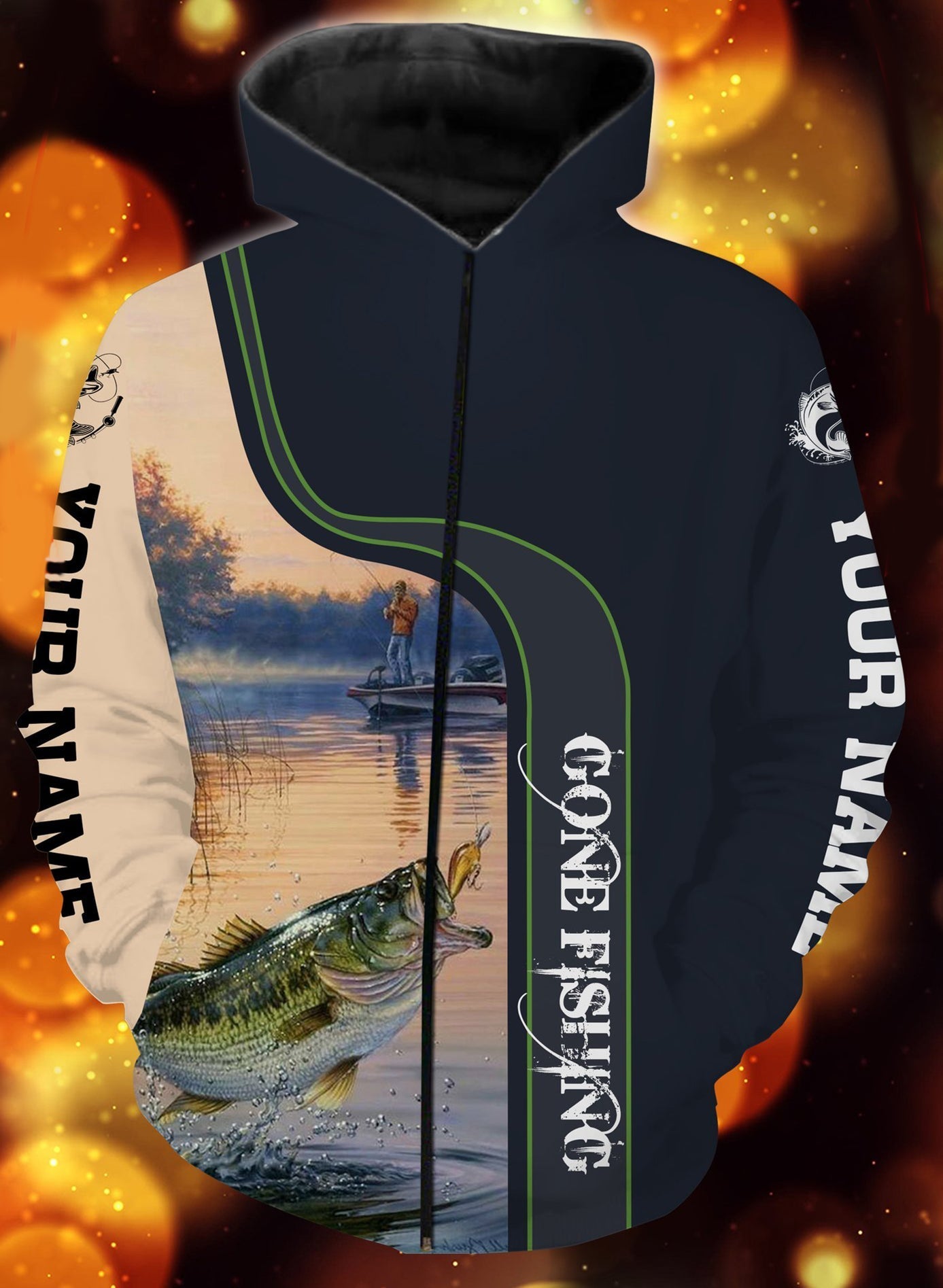 Personalized name gone fishing full printing hoodie Zip up hoodie