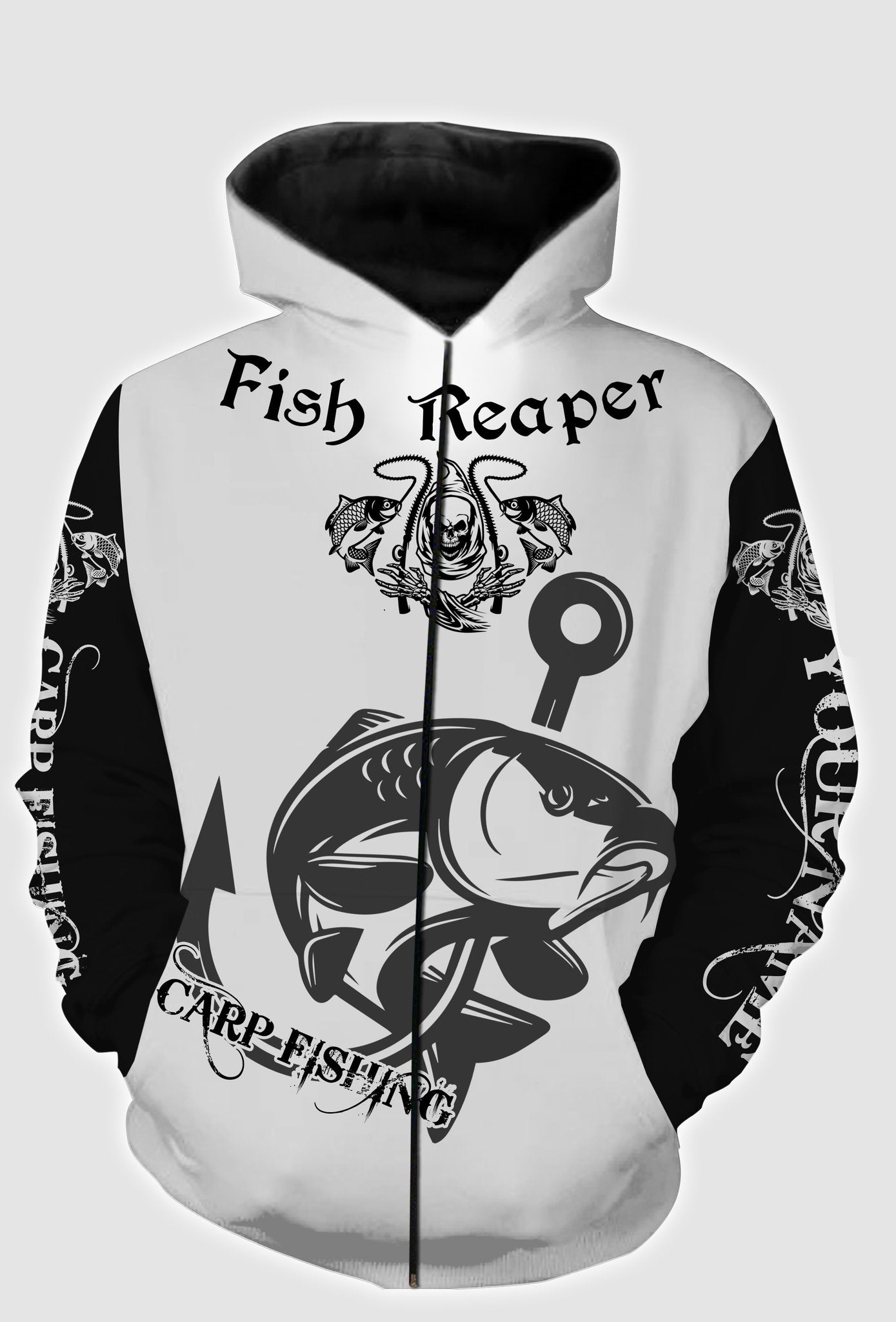 Fish reaper carp fishing custom name full printing personalized shirt Zip up hoodie