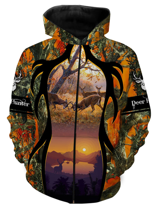 Deer Hunting clothes horn loop orange 3D all over print shirt Zip up hoodie