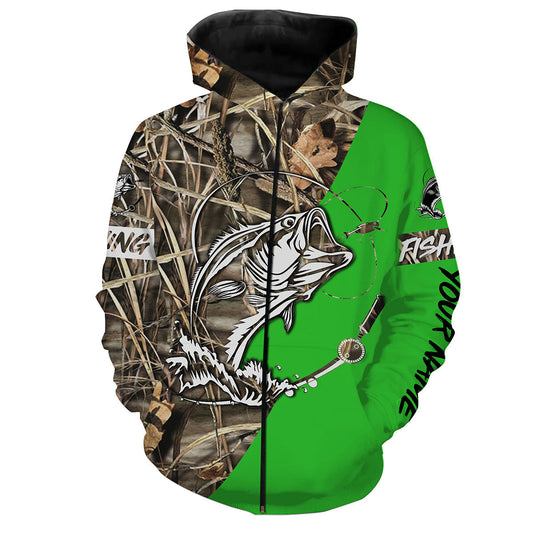 Bass Customized Name fishing tattoo green camo all-over print shirts - FSA35 Zip up hoodie