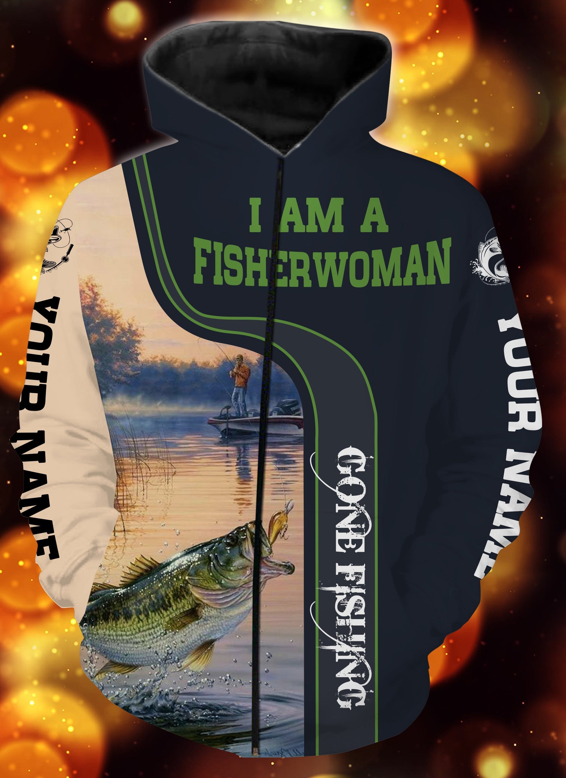 I am a fisherwoman bass fishing full printing shirts Zip up hoodie