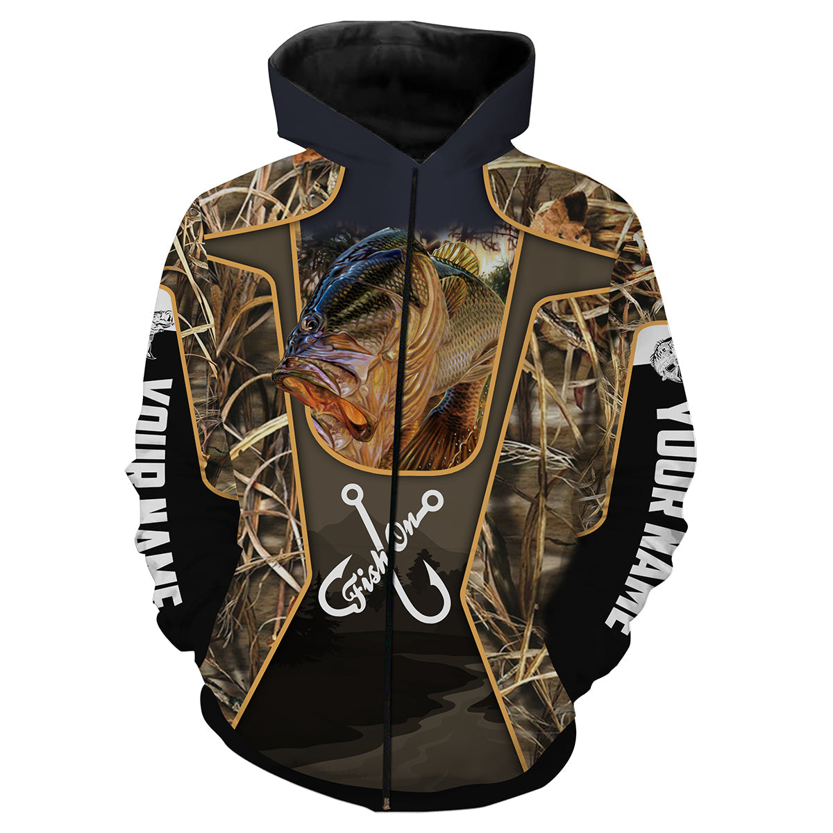 Personalized Fish on bass fishing 3D full printing Long sleeve Zip up hoodie