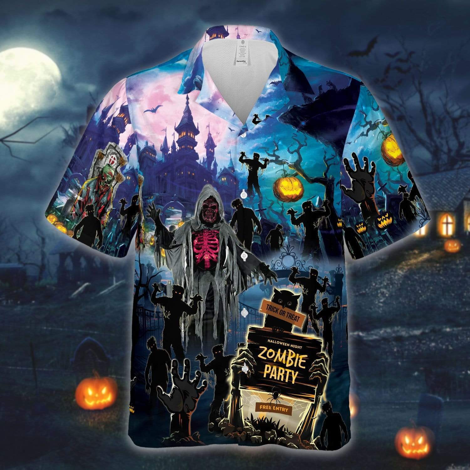 Halloween Zombie Party Grim Reaper Trick Or Treat Hawaiian Aloha Shirts #DH