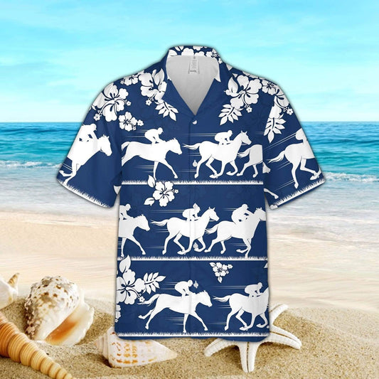 Hawaiian Aloha Shirts Horse Racing Hibiscus Flowers 