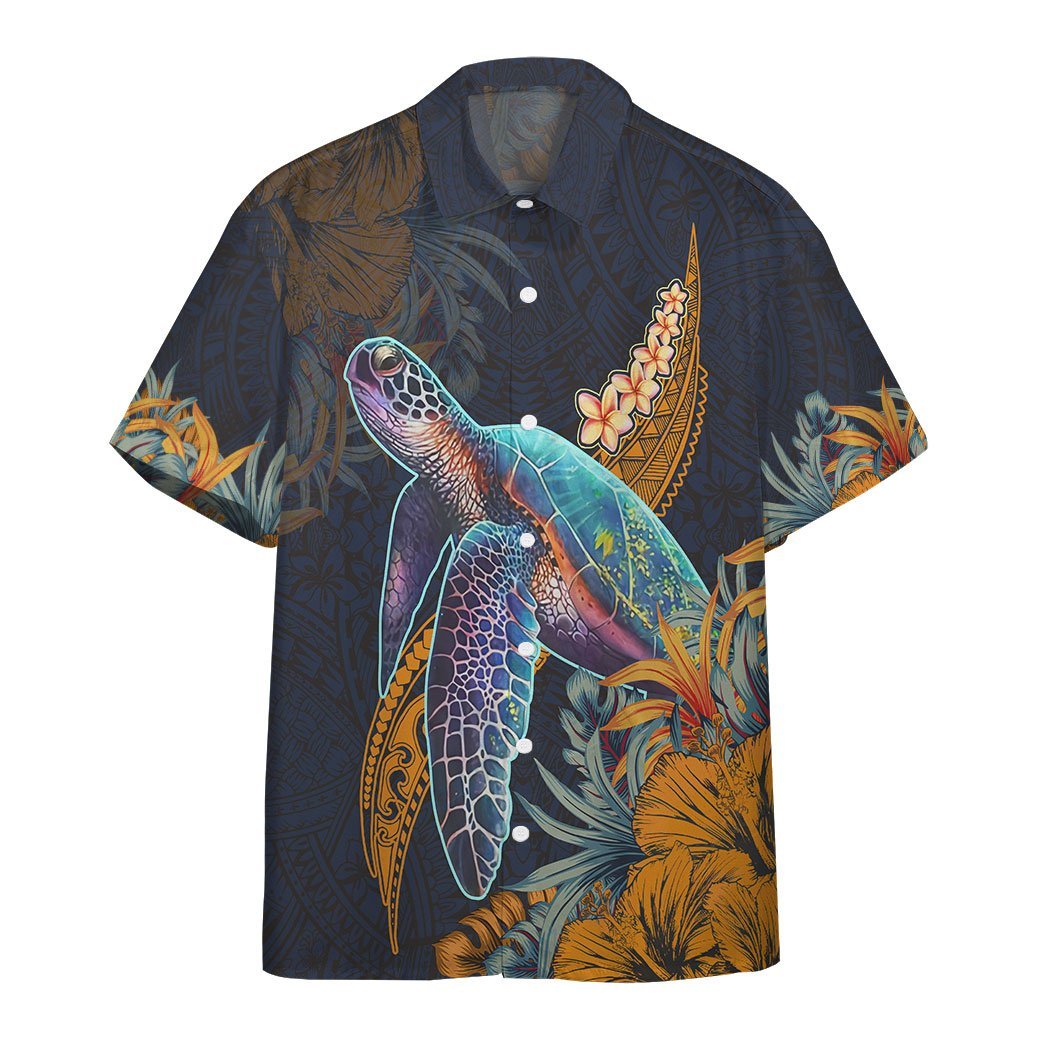  3D Hawaiian Polynesian Sea Turtle Hibiscus Custom Short Sleeve Shirt