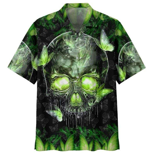 Skull Magic Butterfly Green Hawaiian Shirt Aloha Beach #L