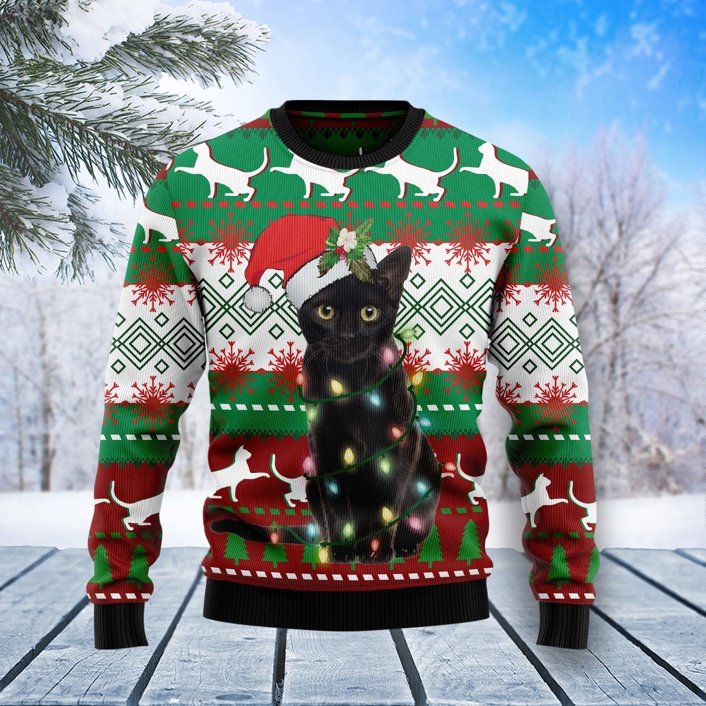 Black Cat Light Christmas Ugly Christmas Sweater 