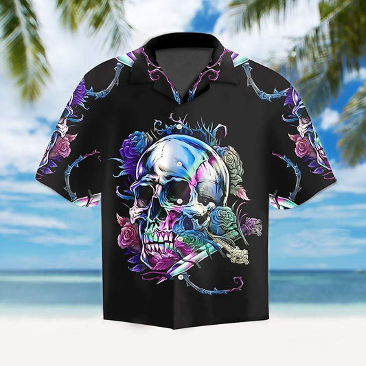 Holographic Skull Rose Thorn Gothic Unisex Hawaiian Aloha Shirts #DH