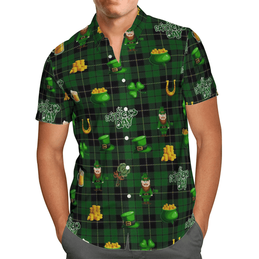 Elf with gold St Patrick Men Green Hawaiian Aloha Shirts