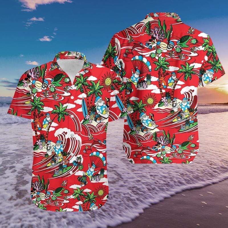 Funny Santa Claus Surfing Red Hawaiian Shirts #2111l