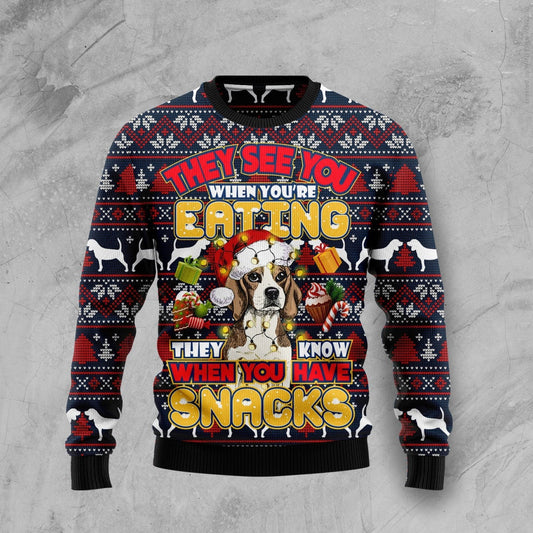 Beagle Dog They Know When You Have Snacks Ugly Christmas Sweater 