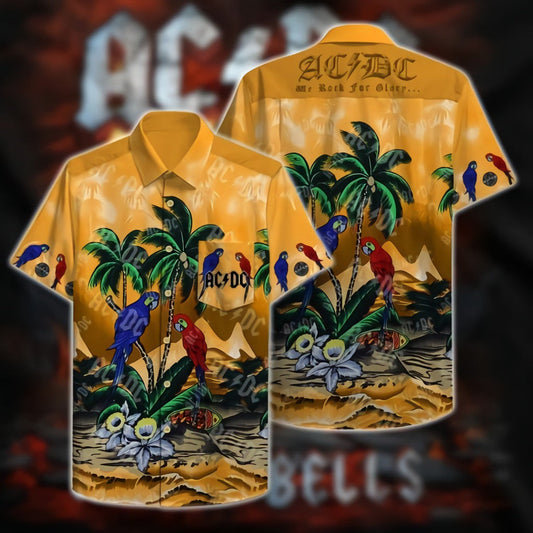 ACDC Band Lover Gift, AC/DC Logo Tropical Flower and Parrot Hawaiian Graphic Print Short Sleeve 