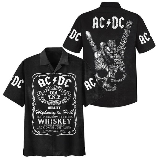 AC/DC Rock Band X Whiskey Hawaiian Graphic Print Short Sleeve 