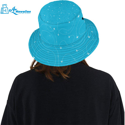 Airplane destinations blue background Unisex Bucket Hat