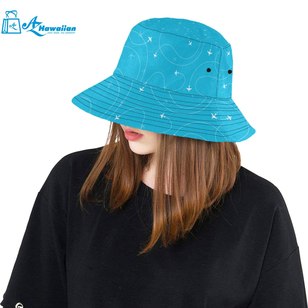 Airplane destinations blue background Unisex Bucket Hat