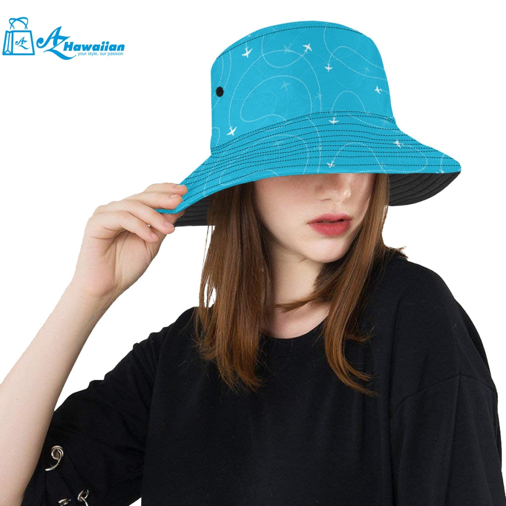 Airplane destinations blue background Unisex Bucket Hat