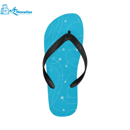 Airplane destinations blue background Unisex Flip Flops