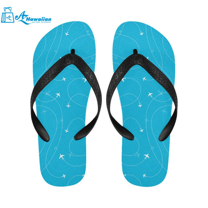 Airplane destinations blue background Unisex Flip Flops