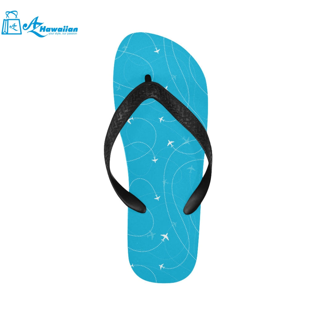 Airplane destinations blue background Unisex Flip Flops