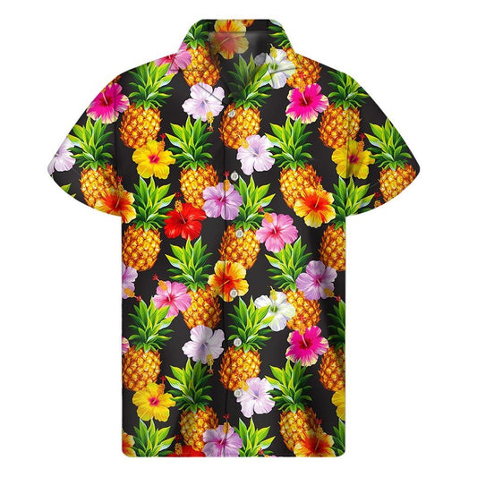 Aloha Hibiscus Pineapple Pattern Print Mens Short Sleeve Shirt Hawaiian