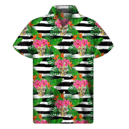 Aloha Skull Striped Pattern Print Mens Short Sleeve Shirt Hawaiian