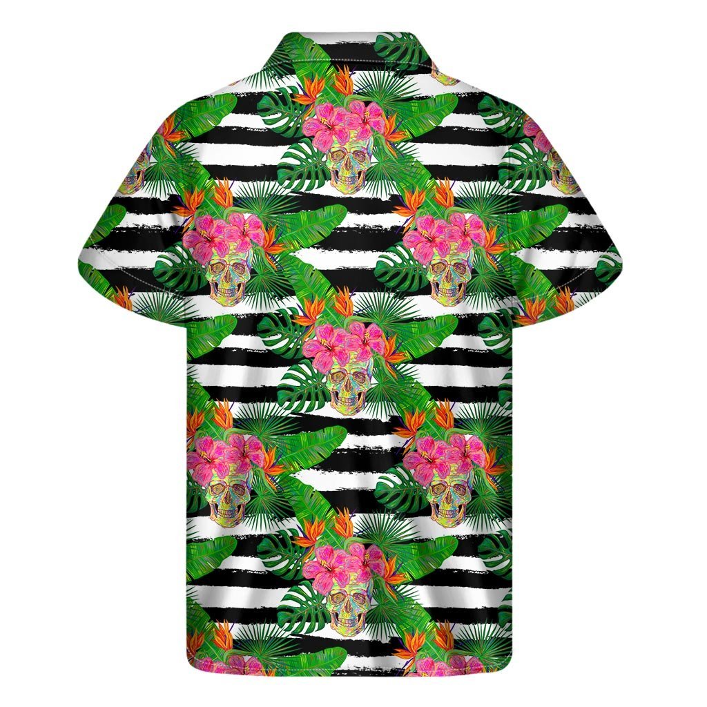 Aloha Skull Striped Pattern Print Mens Short Sleeve Shirt Hawaiian