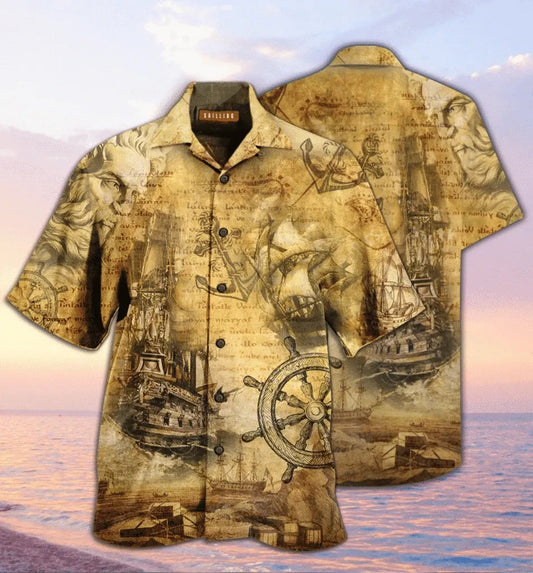 Amazing Sailing Ship Into The Sea To Find Your Soul Hawaiian Graphic Print Short Sleeve 