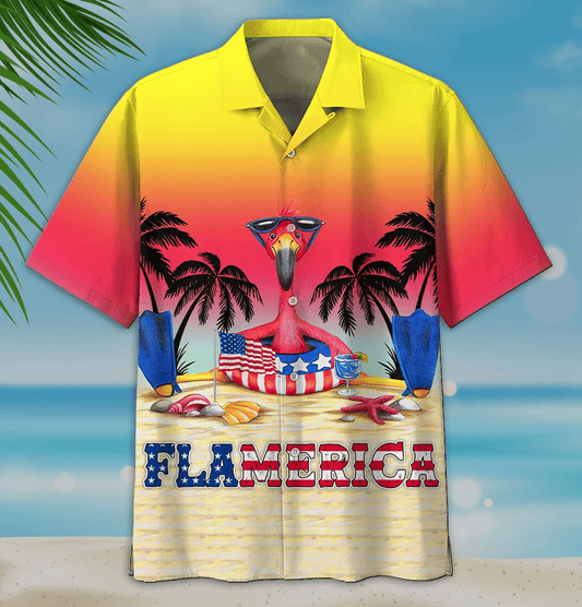 American Flag Flamingo Flamerica 1 Hawaiian Graphic Print Short Sleeve 