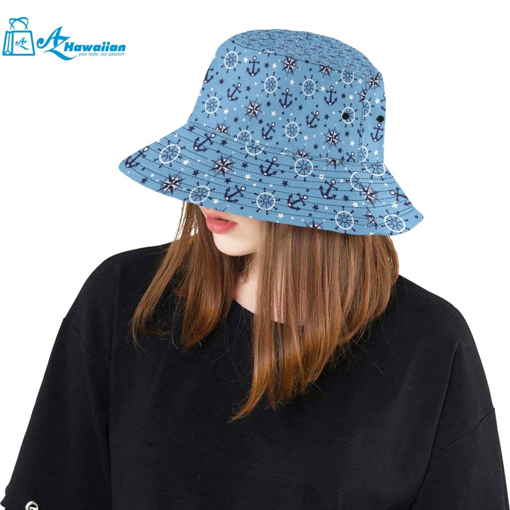 Anchors rudder compass star nautical pattern Unisex Bucket Hat