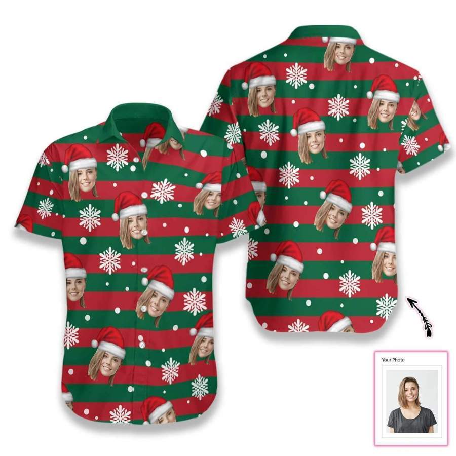 Personalized Santa Red and Green Christmas Hawaiian Aloha Shirts Custom Face